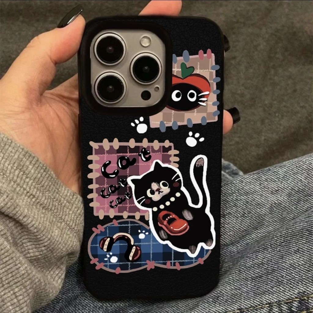 สีฟ้าและสีชมพูลายสก๊อตแมวดําสําหรับIphone case 16promax 16pro 16 15promax 15pro 15 14promax 14pro 14 13promax 13pro 13 12pro 12promax 12 11promax 11promax 11 xsmax xr xs 7plus 8p QHBS