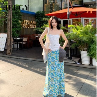 IELGY กระโปรงลายดอกเอวสูงทรงเอสไตล์วันหยุดสําหรับผู้หญิง