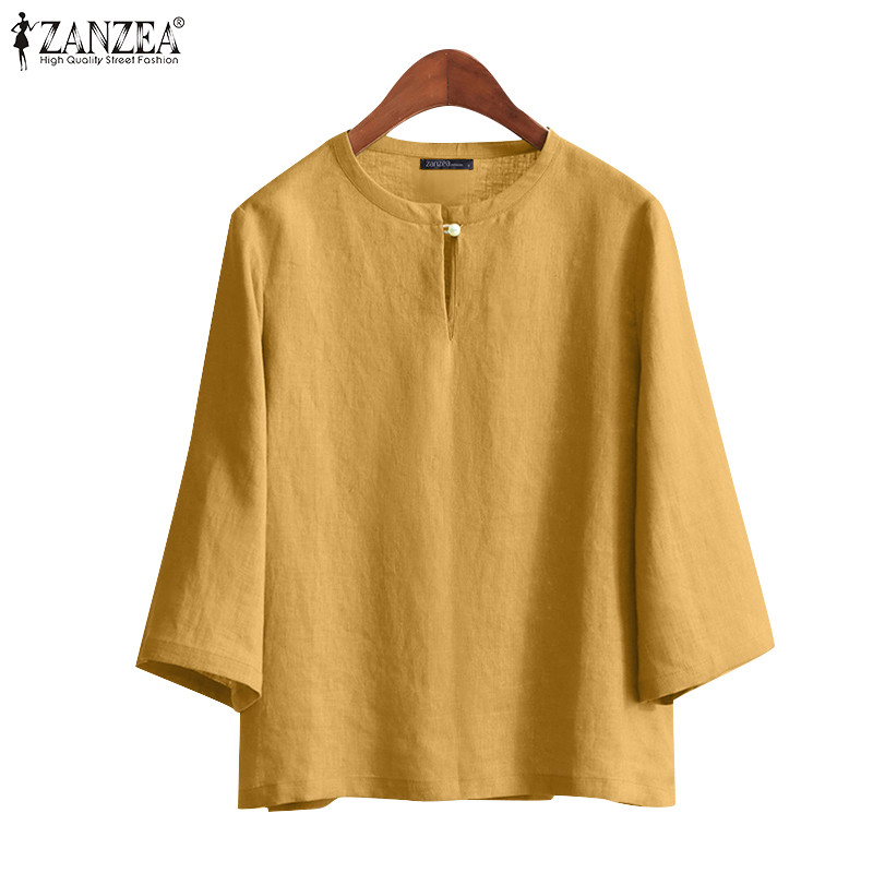 ZANZEA ซานเซีย ผู้หญิงเกาหลีวินเทจรอบคอ กรีด ออกแบบ3/4แขนเสื้อแข็ง