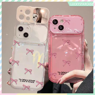 เคสโทรศัพท์กระจกแต่งหน้าโบว์สีชมพูเข้ากันได้กับ iPhone X XR XS 11 13 15 12Pro Max 7 8 14 15 Plus Case เคสไอโฟนหรูหราไฮโซ