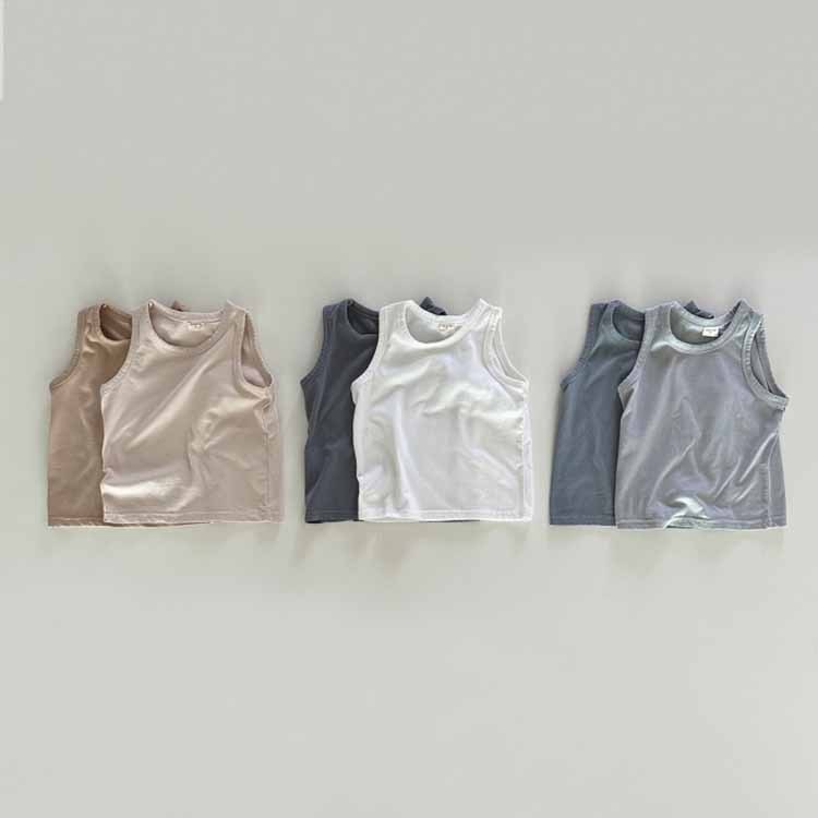 เสื้อกั๊กผ้าฝ้ายแท้สําหรับเด็กทารกฤดูร้อน, เสื้อฐานแขนกุดเวอร์ชั่นเกาหลีสําหรับเด็กชายและเด็กหญิง, เสื้อยืดเด็กสีทึบ