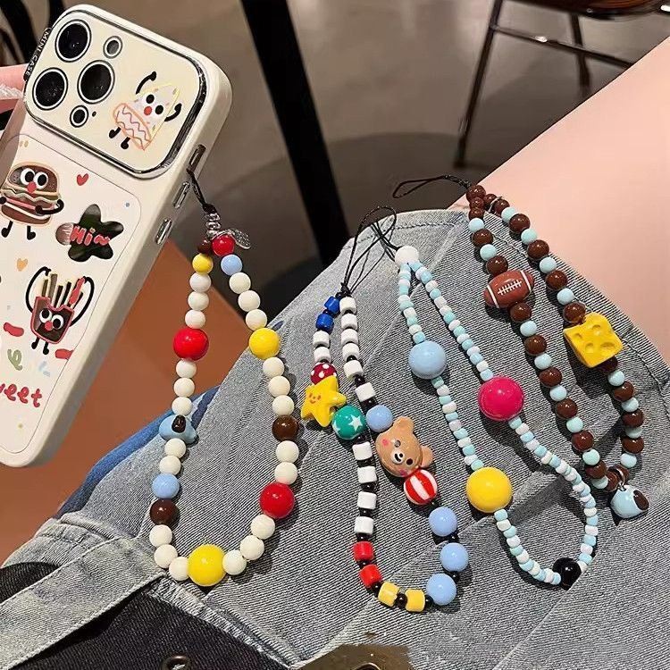 มือลูกปัดทําเองโทรศัพท์มือถือแขวนโซ่ลูกปัดที่มีสีสัน โดบามีน หมี ซีซีดี กล้องแขวนโซ่เครื่องประดับสุนัขน่ารักป้องกันการสูญหาย