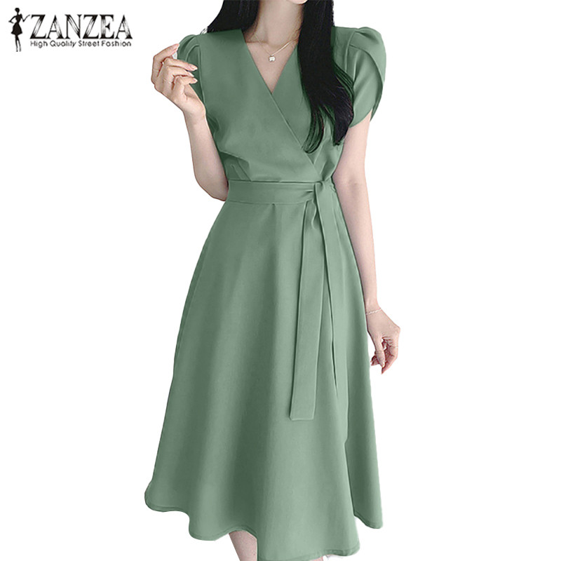 Zanzea ชุดเดรสร่มคอวีแขนสั้นลําลองสําหรับผู้หญิงเกาหลี