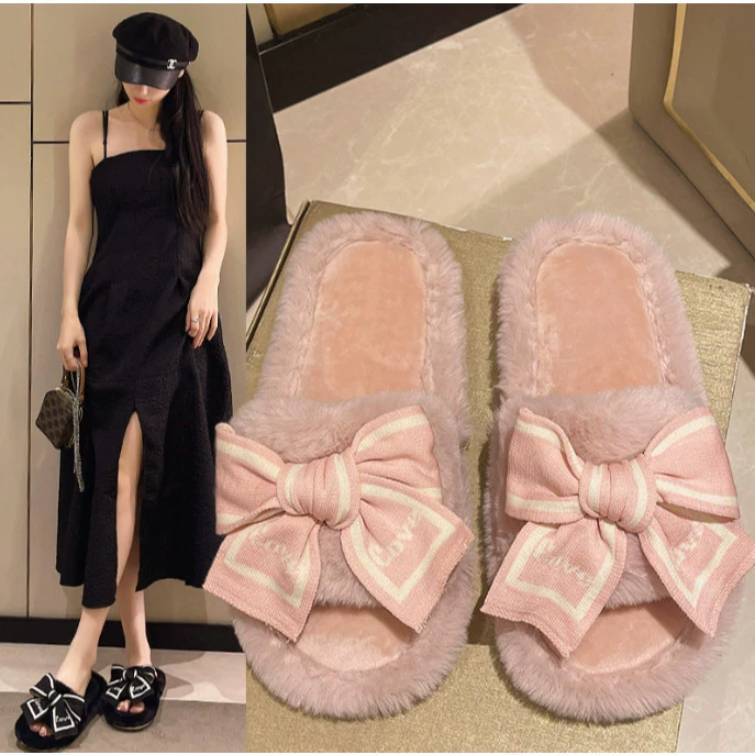Yuki🎀SH-1-30 รองเท้าสลิปเปอร์ รองเท้าแตะใส่ในบ้าน ขนนุ่ม แต่งโบว์ใหญ่น่ารักไฮโซ