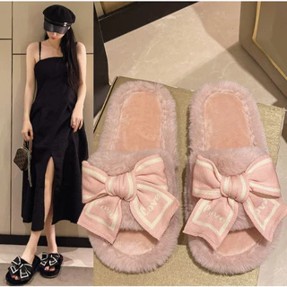Yuki🎀SH-1-30 รองเท้าสลิปเปอร์ รองเท้าแตะใส่ในบ้าน ขนนุ่ม แต่งโบว์ใหญ่น่ารักไฮโซ