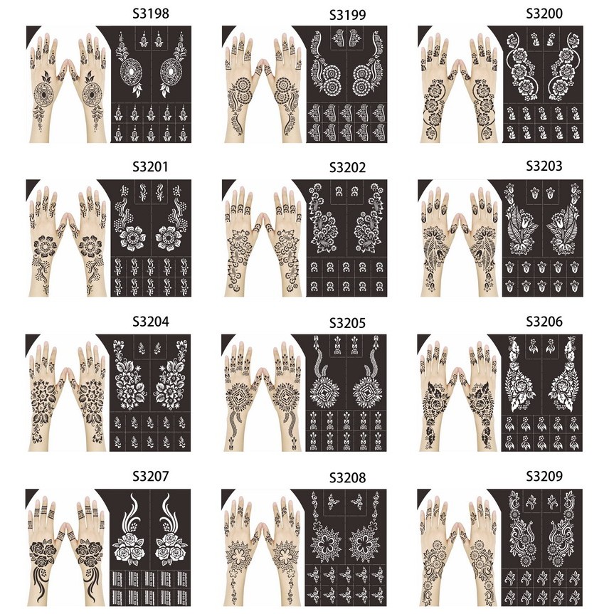 Henna Tattoo Stencil Glitter Hand Tattoo Stencilsแม่แบบอุปกรณ์ Body Designer เจ้าสาวอินเดีย Tattoo D