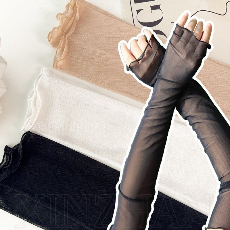 ปลอกแขนตาข่าย-สําหรับสาวอุปกรณ์ขับรถฤดูร้อน-ปลอกสีทึบ-ถุงมือยาวกันแดด-หรูหราหวานหลวมระบายอากาศบาง