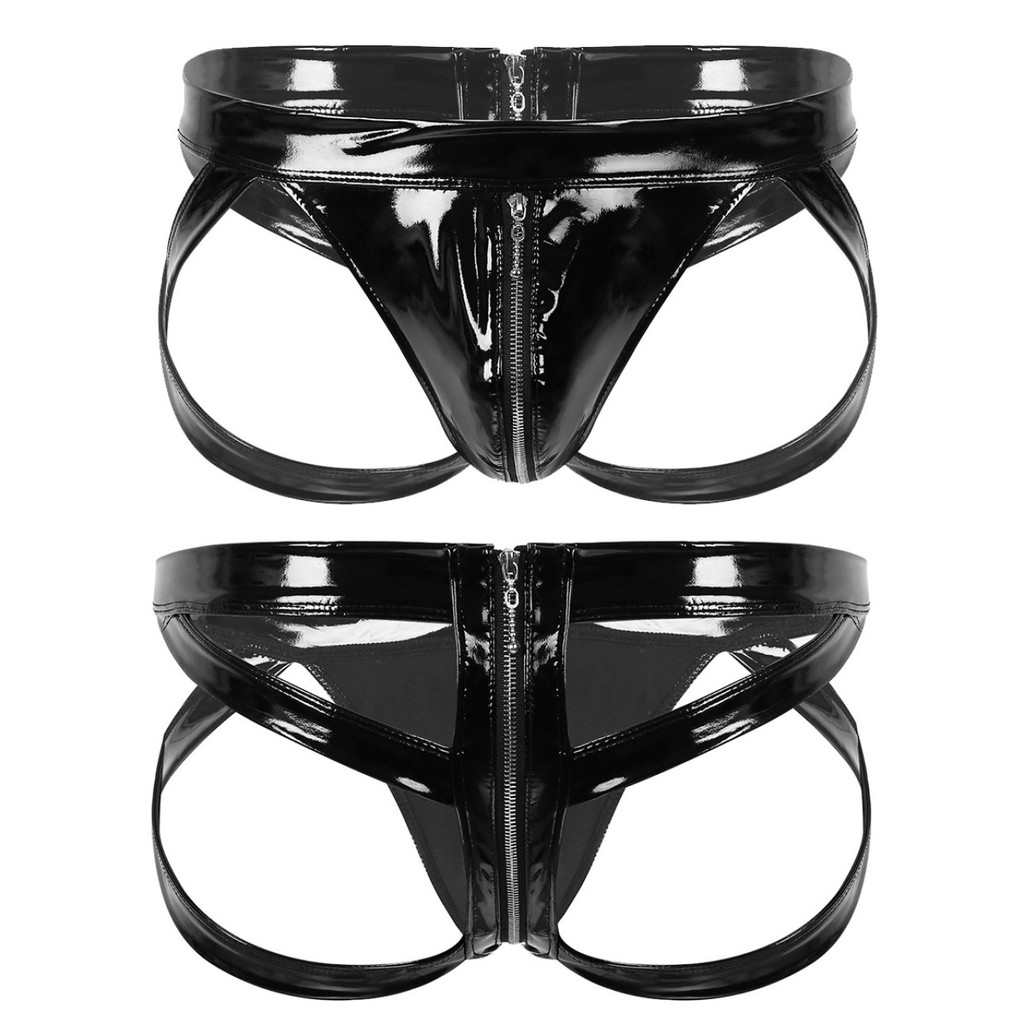 Yeahdor Mens Wet Look สิทธิบัตรหนังชุดชั้นใน Low Rise Bulge Pouch Back Cut Out Double-ended ซิปกางเกง Jockstrap ชุดชั้นใน