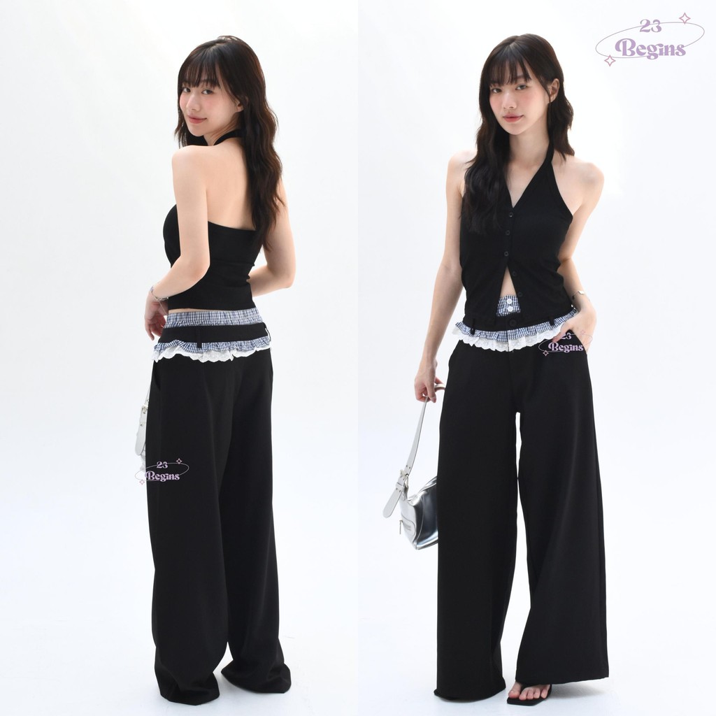 Teddy Pants กางเกงเอวสูง กางเกงขาวยาว กางเกงดีเทลลูกไม้ (7109)