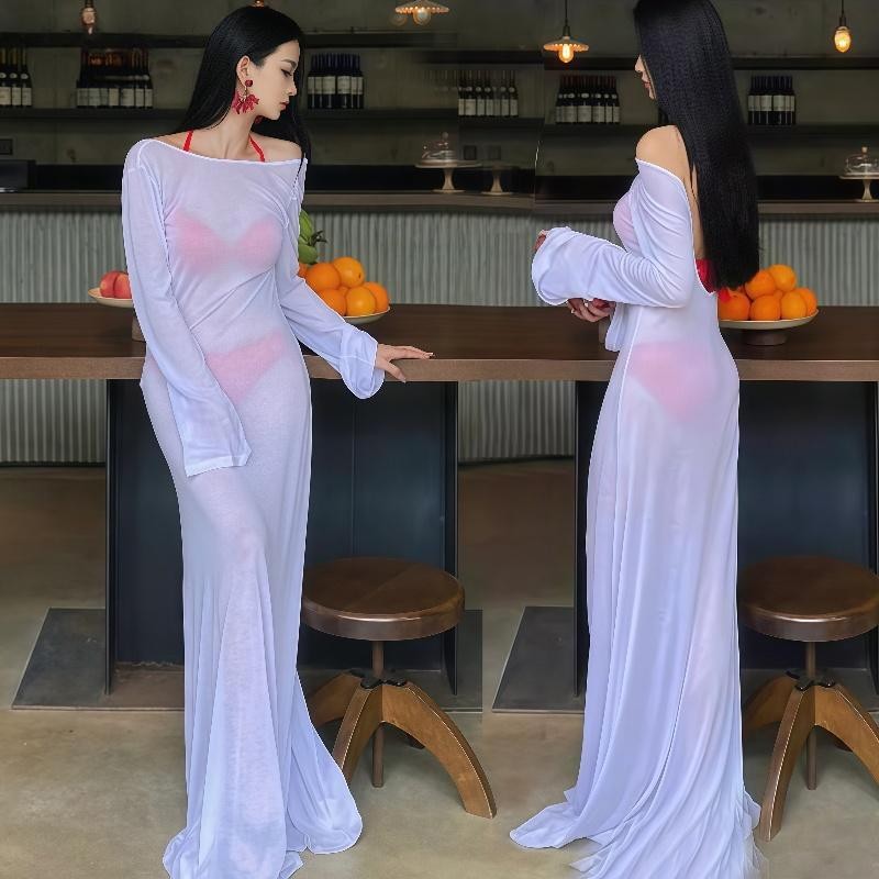 ชุดคลุมบิกินี่กระ กันuv โปรงยาว คอเสื้อกว้าง แขนยาว ชุดไปทะเลผู้หญิง ส่งไวจากไทย