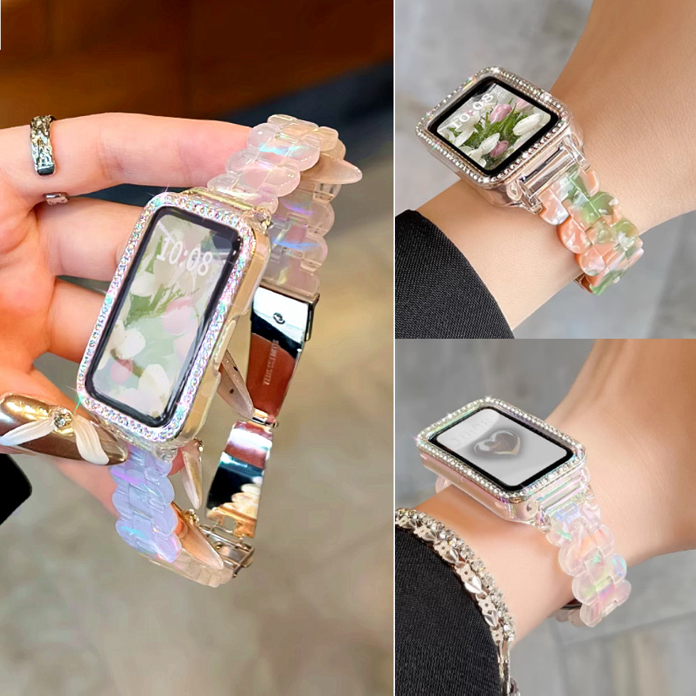 Dreamy Resin Watch Strap + Case Compatible For Huawei Band 10 สาย Huawei Band 9/ 6/ Huawei Band 7 เค