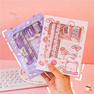 SWEETYBAYI ชุดเครื่องเขียน ชุดดินสอ การออกแบบการ์ตูน เครื่องเขียนนักเรียน 5 ใน 1 การเขียนผลงาน