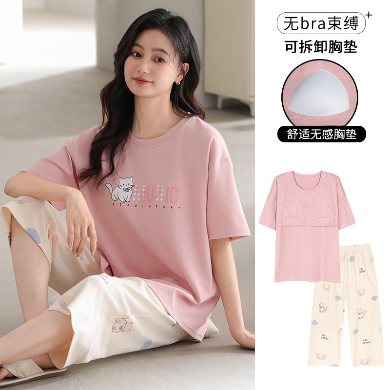เบาะชุดนอนผู้หญิงชุดนอนผ้าฝ้ายชุดแขนสั้น3/4ความยาวฤดูร้อนเลดี้ชุดนอนผู้หญิงการ์ตูนน่ารักสวมใส่ - รูปที่ 3