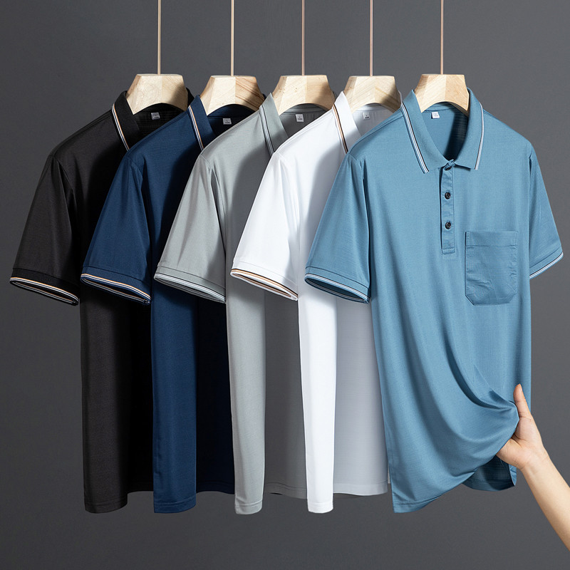เสื้อโปโล ผ้าเรยอน แบบยืดหยุ่น แต่งกระเป๋า สําหรับผู้ชาย