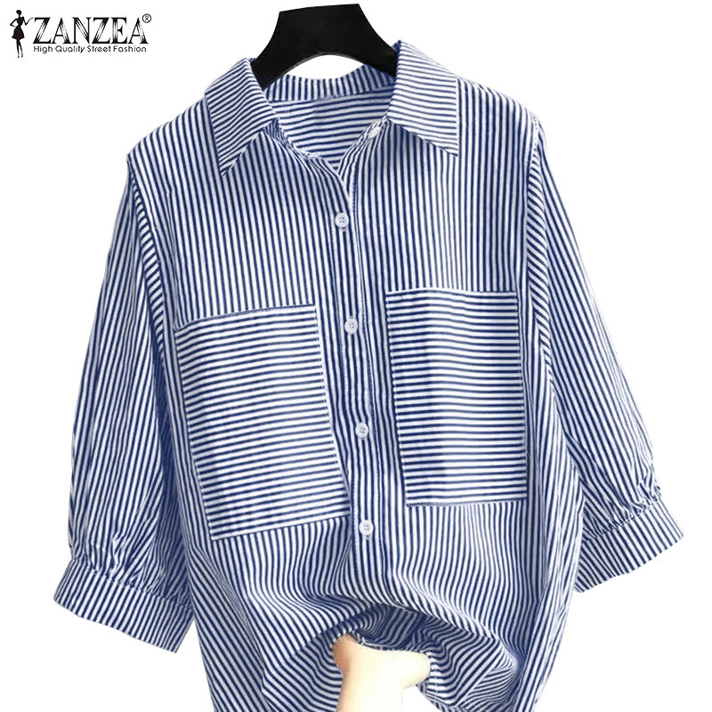 Zanzea เสื้อเชิ้ต คอปก แขนทรงโคมไฟ ลายทาง สไตล์เกาหลี มีกระเป๋าเสื้อ ติดกระดุม สําหรับผู้หญิง
