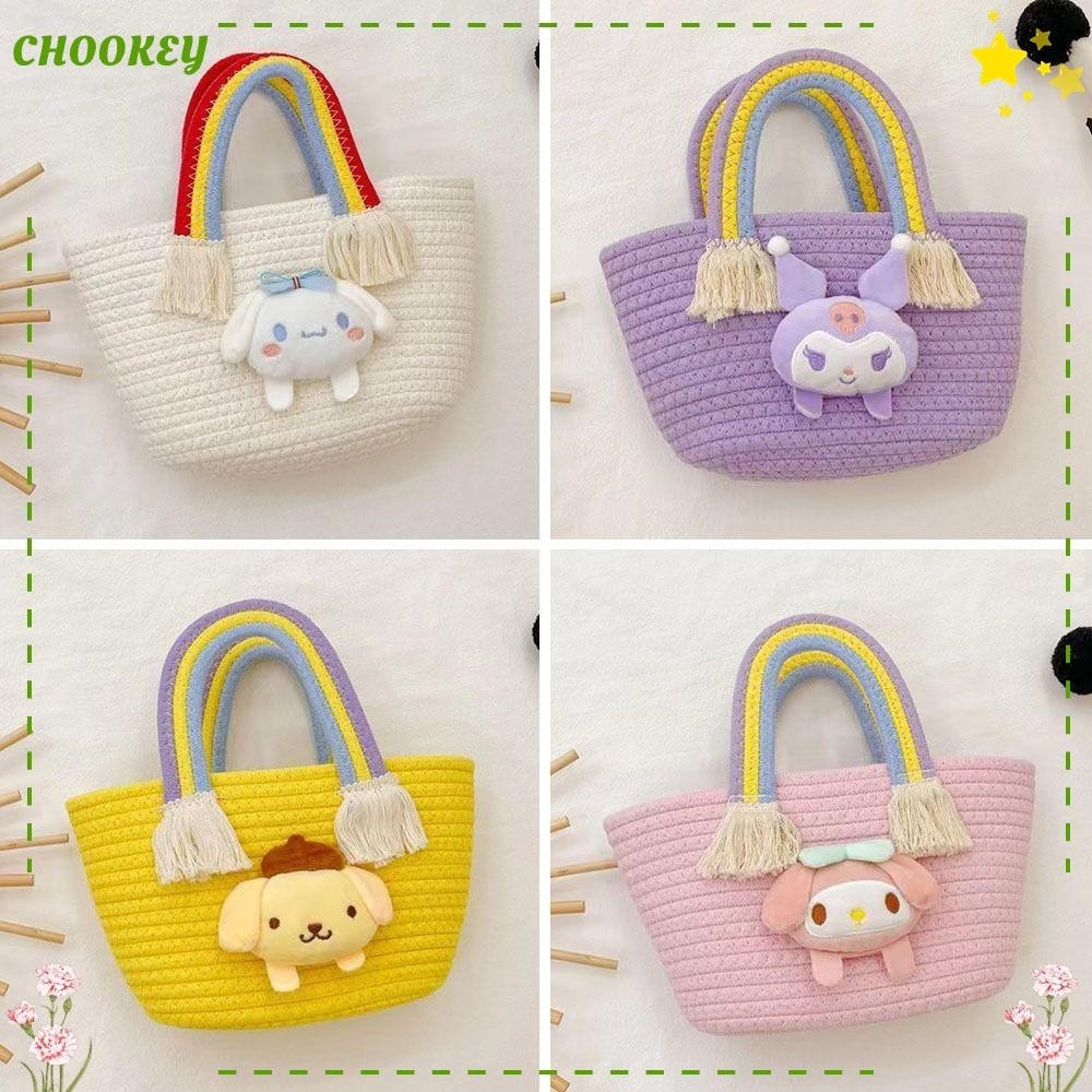 Chookey กระเป๋าถือสาน แฮนด์เมด ลาย Cinnamoroll Pochacco สีรุ้ง สําหรับชายหาด