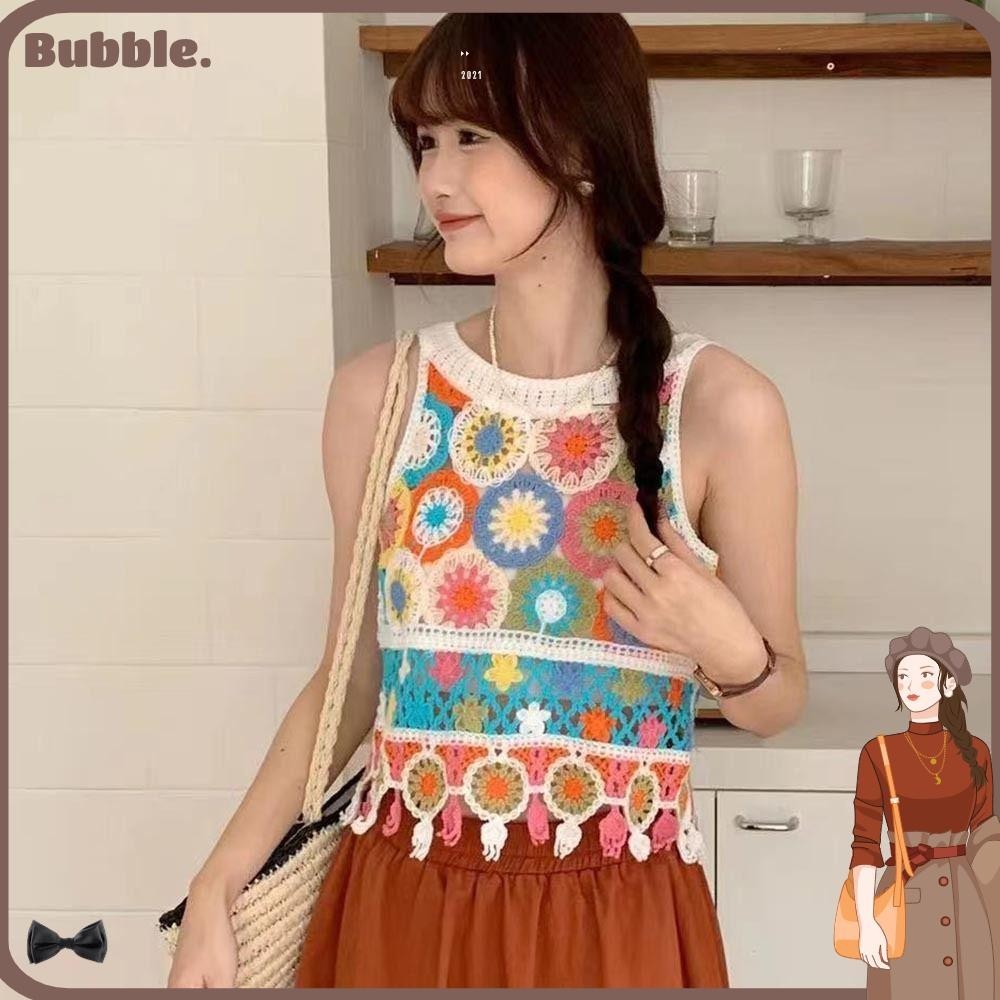 Bubble เสื้อครอปแขนกุด คอกลม ผ้าถักโครเชต์ ประดับพู่ สไตล์โบฮีเมียน แฟชั่นสําหรับผู้หญิง