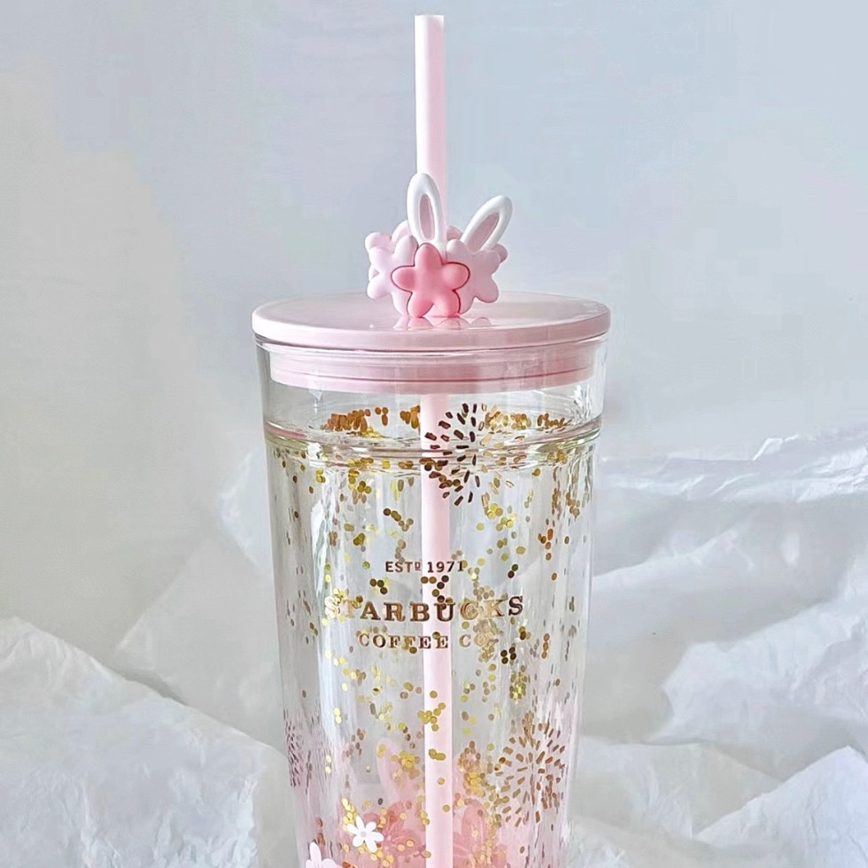 Starbucks แก้วน้ําสองชั้น ลายดอกพีช กระต่ายน่ารัก ความจุขนาดใหญ่ 591 มล. - รูปที่ 7