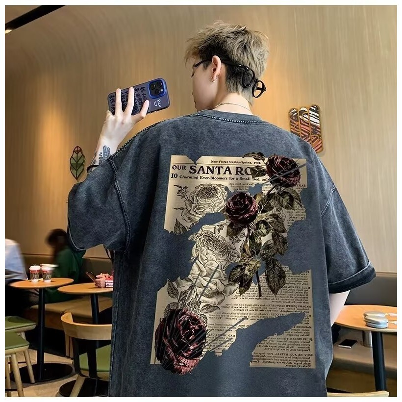 T เสื้อผู้ชาย Retro 350g ฤดูร้อนล้างขนาดใหญ่ High Street oversize ครึ่งแขน Western Coast ครึ่งแขน