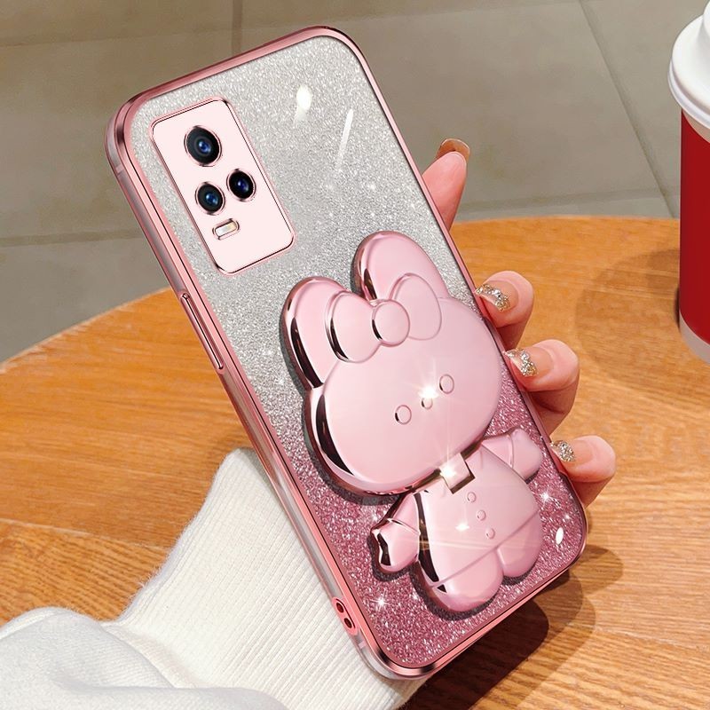 Casing Vivo V21 4G 5G V21E 4G Y73 4G การ ์ ตูน 3D กระต ่ ายผู ้ ถือกระจกเครื ่ องสําอาง Glitter เคสโทรศัพท ์ Hello Kitty Bracket กรณีเลเซอร ์ Electroplating ฝาครอบ + ขาตั ้ งพับ