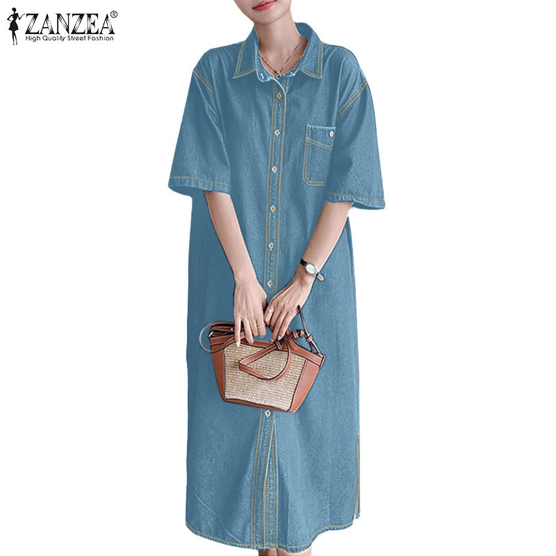Zanzea ผู ้ หญิงแฟชั ่ นเกาหลี Patch Pockets Turn-Down-Collar Shirtdresses