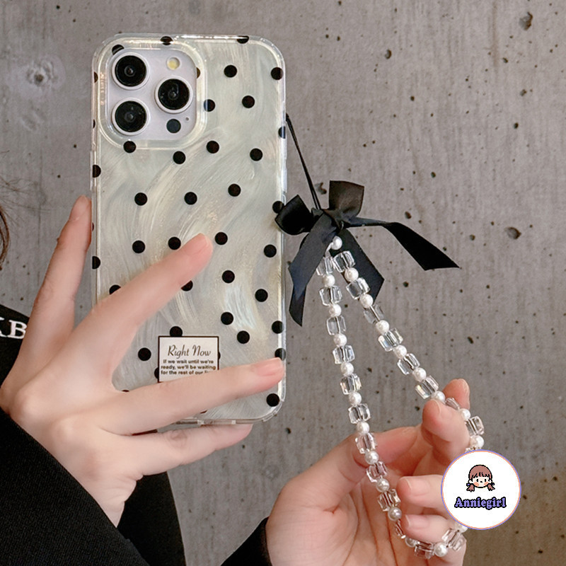 Ins จุดสีดําผ้าไหมโบว์เคสโทรศัพท์สําหรับ IPhone 11 15 14 Pro Max 12 13 Promax Silver Smooth Scratch-proof Hard โทรศัพท์ปกหลัง
