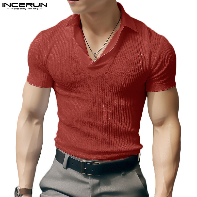 Incerun เสื ้ อยืดแขนสั ้ นผู ้ ชายเกาหลี Casual Pit Lapel สีทึบ