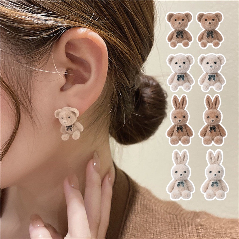 Jojo COCO Flocking Bear Rabbit ต ่ างหูผู ้ หญิงสไตล ์ เกาหลีหวานและน ่ ารักอุปกรณ ์ เสริม