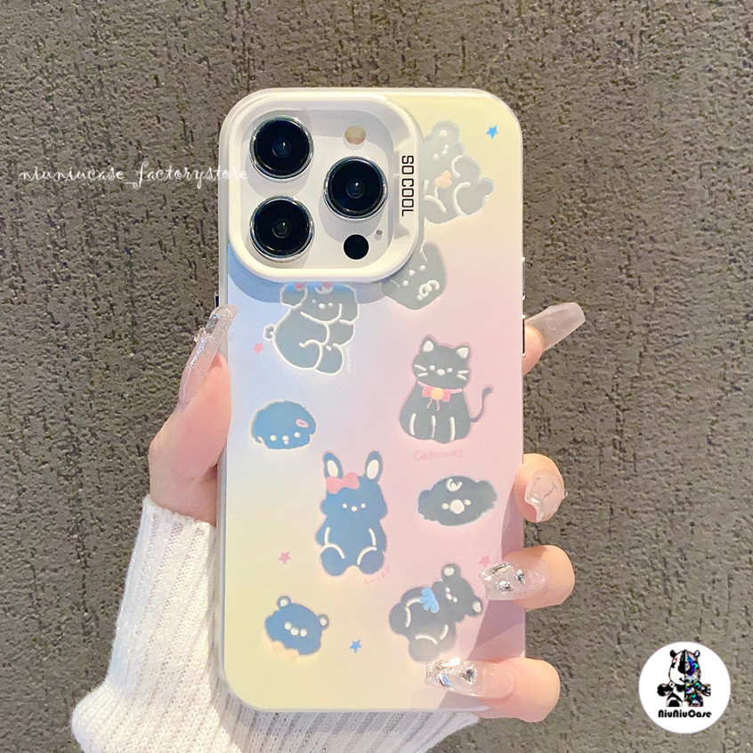 ส่งจากไทย Cat Pattern เคสโทรศัพท์มือถือ For iPhone 11 12 13 14 15 Pro Max XR X XS 7 8 Plus SE เคซิลิโคนุ่มส สีเงิน เคส