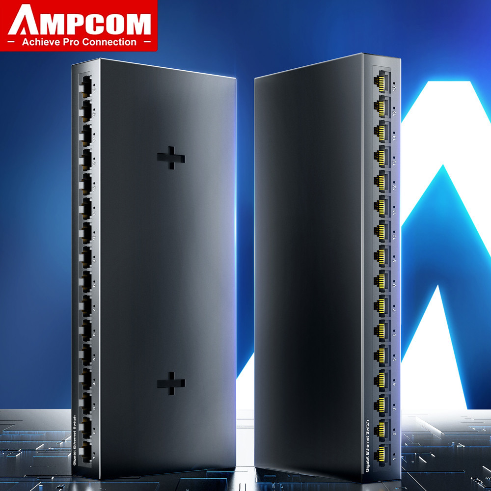 Ampcom สวิตช์เครือข่าย 16 พอร์ตสวิตช์ Ethernet 1000Mbps Gigabit High Performance Smart Switcher RJ45 Hub หัวฉีดอินเทอร์เน็ต