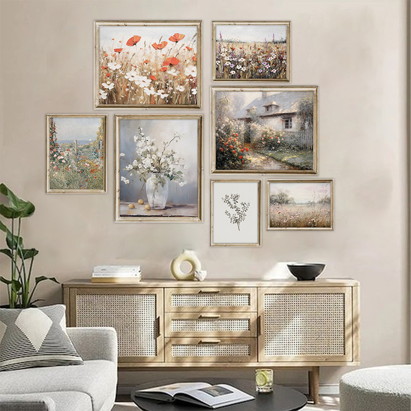 Retro ฤดูร้อนดอกไม้ป่า Country Cabin ภูมิทัศน์โปสเตอร์ Nordic ดอกไม้ผ้าใบภาพวาดพิมพ์ภาพ Wall Art ตกแต่งห้องภาพจิตรกรรมฝาผนัง