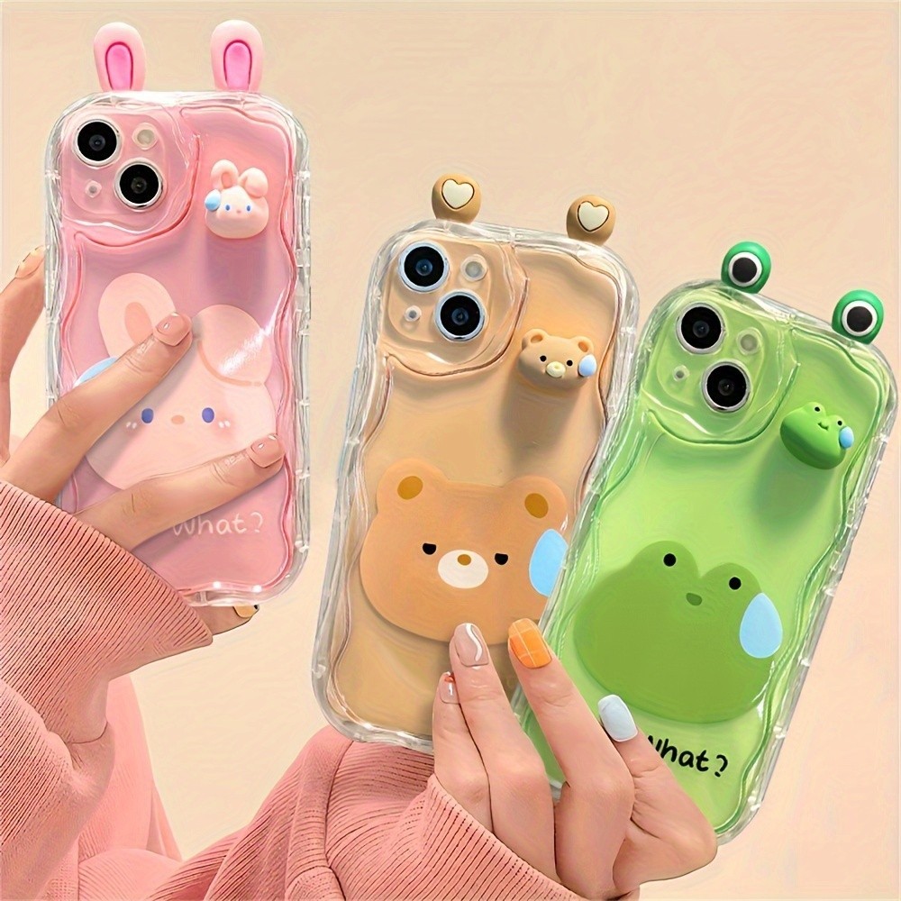 น่ารัก 3Dตากระต่ายกบหมีใสหยักเคสโทรศัพท์สําหรับIPhone 17 16 15 14 13 12 12 11 Pro Max 14 15 16 Plus X XR XSMAXสัตว์น่ารักกันกระแทกฝาครอบกันชน