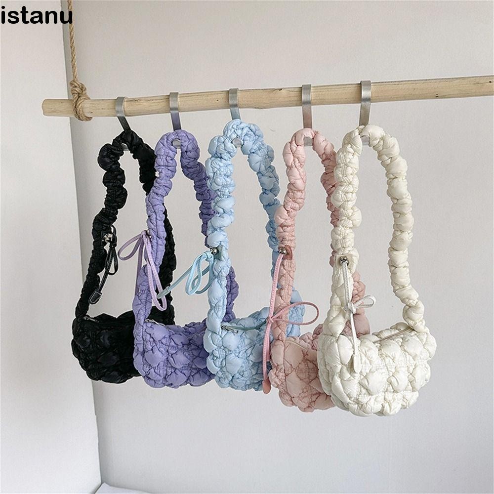 Istanu Messenger Bag, Solid Color Cloud Quilted Shoulder Bag, Elegant Pleated Bubbles Commute Bag Women Girls