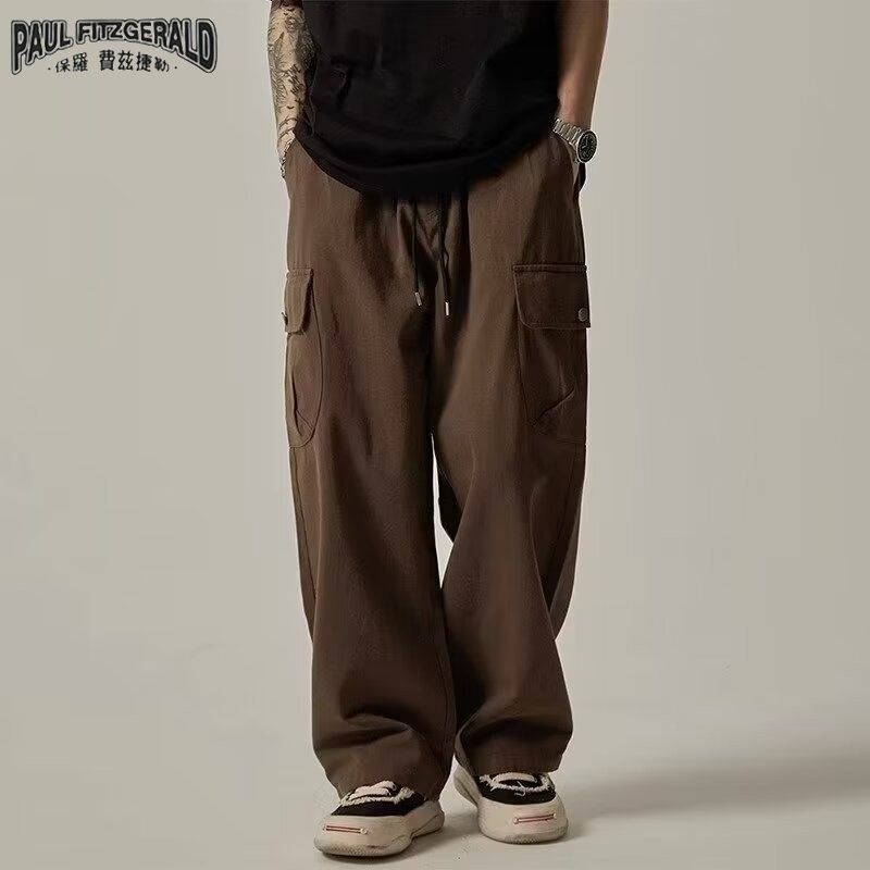 Paul FITZGERALD Retro Japanese mens ins เทรนด์หลวมตรงกางเกงทํางานลําลองขากว้าง