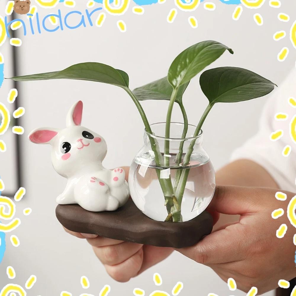 Hildar แจกันปลูกต้นไม้ไฮโดรโปนิก พร้อมฐานไม้ รูปกระต่ายน่ารัก แก้วใส สําหรับตกแต่งบ้าน