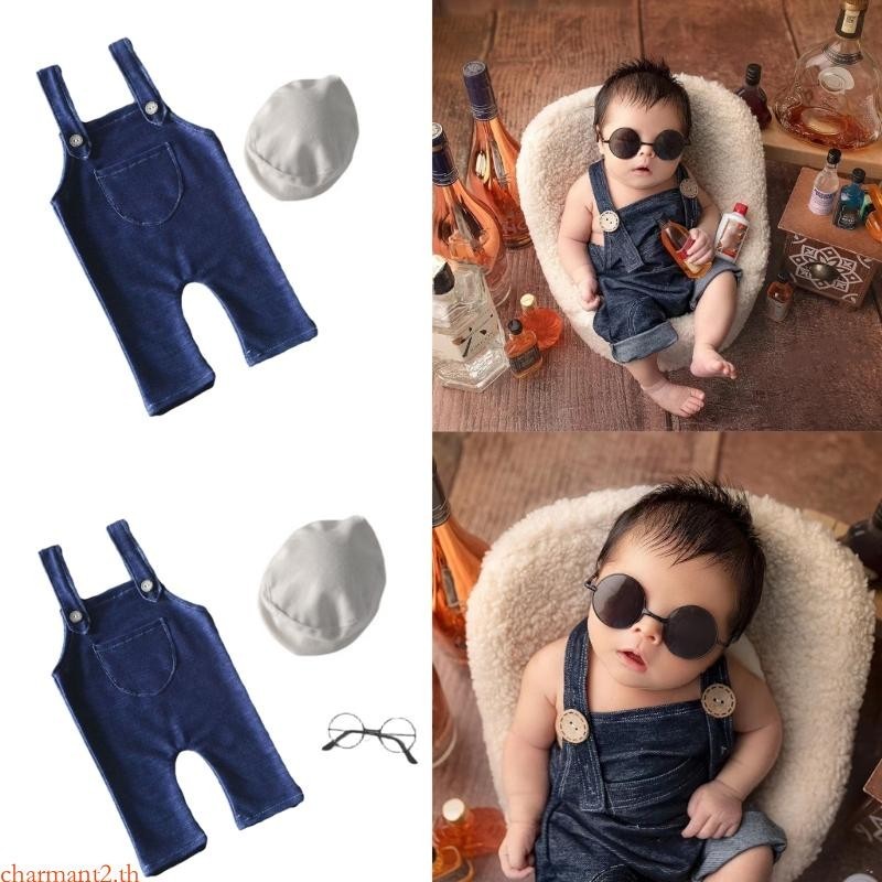 Charmant การถ่ายภาพ Props ชุดสําหรับเด็กทารกชาย 0-2M Photos เครื่องแต่งกายกางเกง Beret หมวกทารกแรกเก