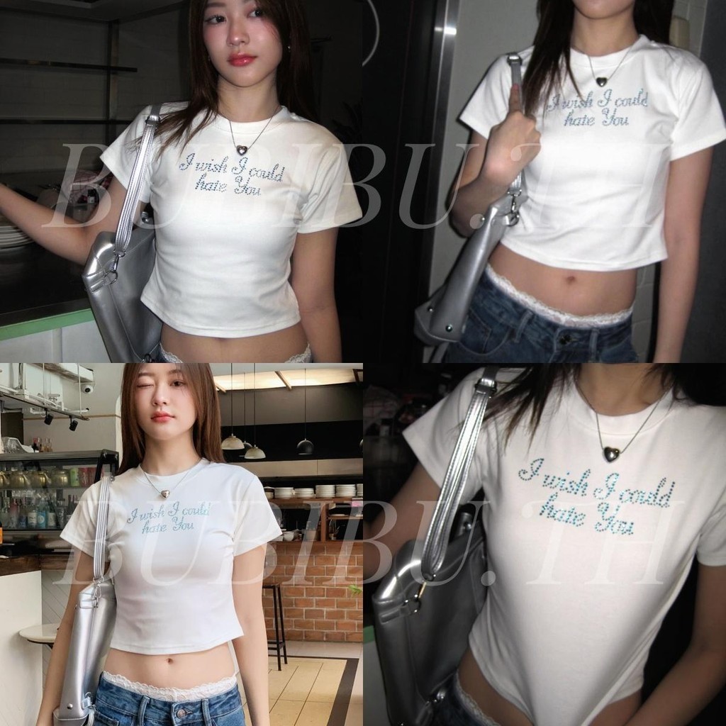 เสื้อยืด CROP TOP เสื้อยืดทรงครอป ‘I WISH’แขนสั้น Baby tee ดีเทลงานติดเพชรลายตัวอักษรด้านหน้า น่ารักมากๆคะ