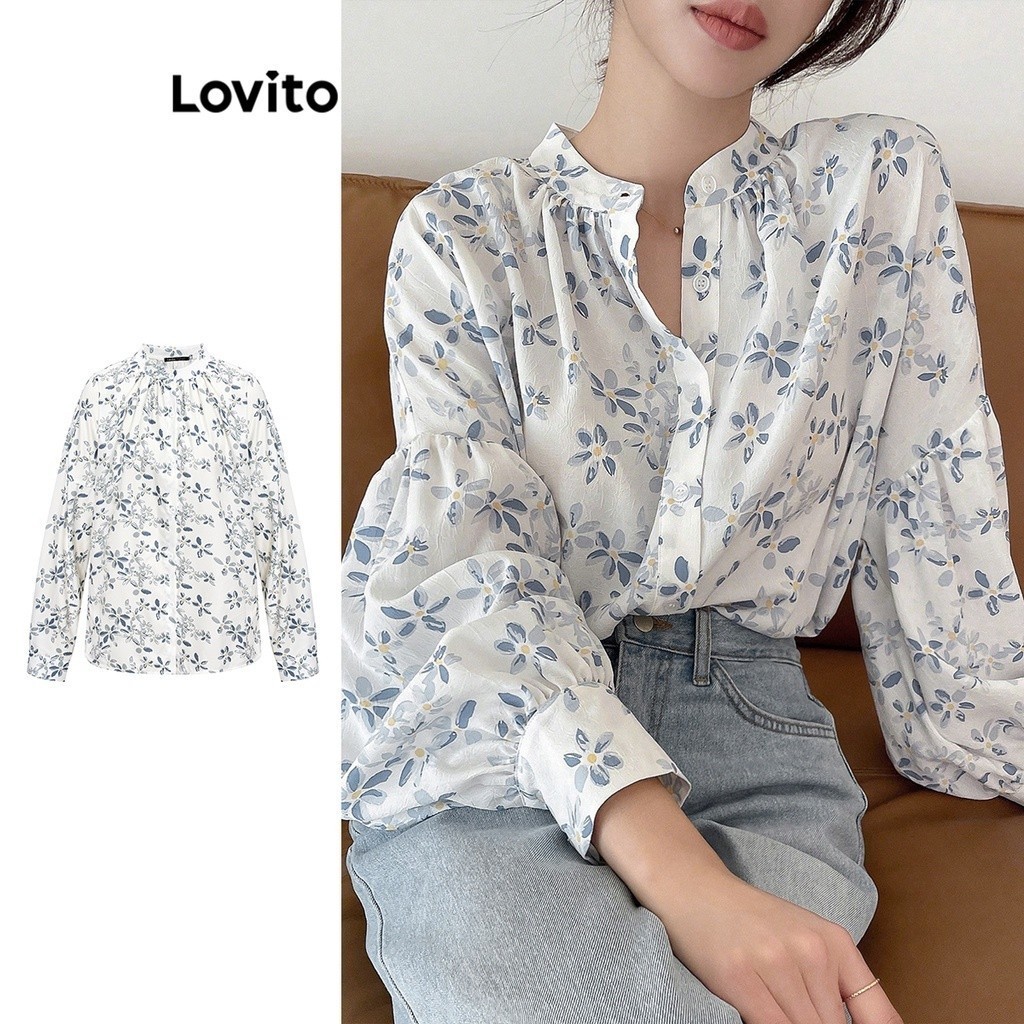 Lovito เสื้อเบลาส์ผู้หญิง แขนบิชอป แต่งจีบ ลายดอกไม้ สไตล์โบโฮ L68ED026 (สีฟ้า)