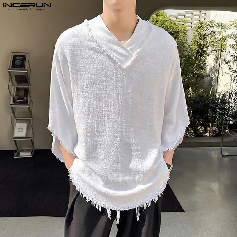 Incerun เสื ้ อยืดแขนยาวคอวีลําลองผู ้ ชายเกาหลี