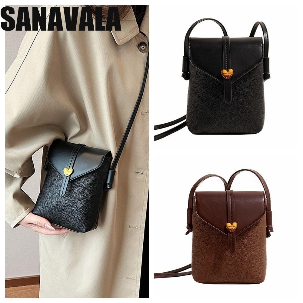 Sanavala Love Heart Phone Bag, Leather Flap PU Crossbody Bag, Casual Korean Style Square Zipper Simple Phone Bag Outdoor