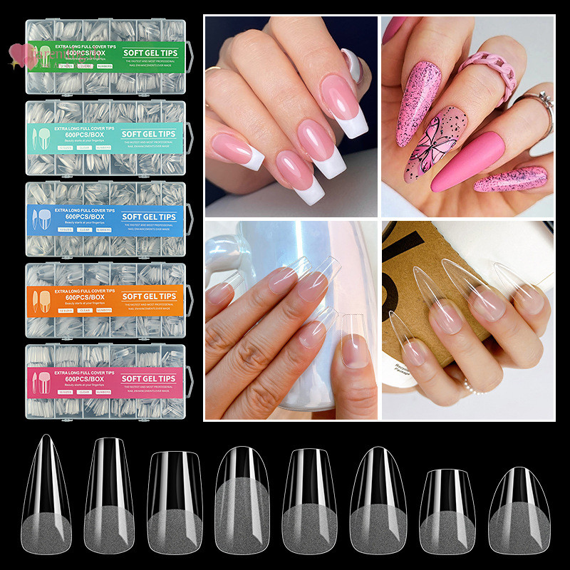 Renbg 240/600PCS สั้น Coffin เล็บเคล็ดลับครึ่ง Matte เคล็ดลับปลอมคลุมทั้งหมดเจลนุ่มรูปโลงศพเล็บอะคริลิคเคล็ดลับ Clear TH
