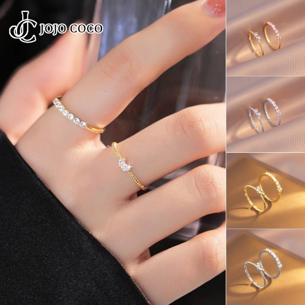 Jojo COCO 2 ชิ้น/เซ็ตZirconแหวนหัวใจชุดElegant Gold Silverเปิดแหวนปรับได้สําหรับ
