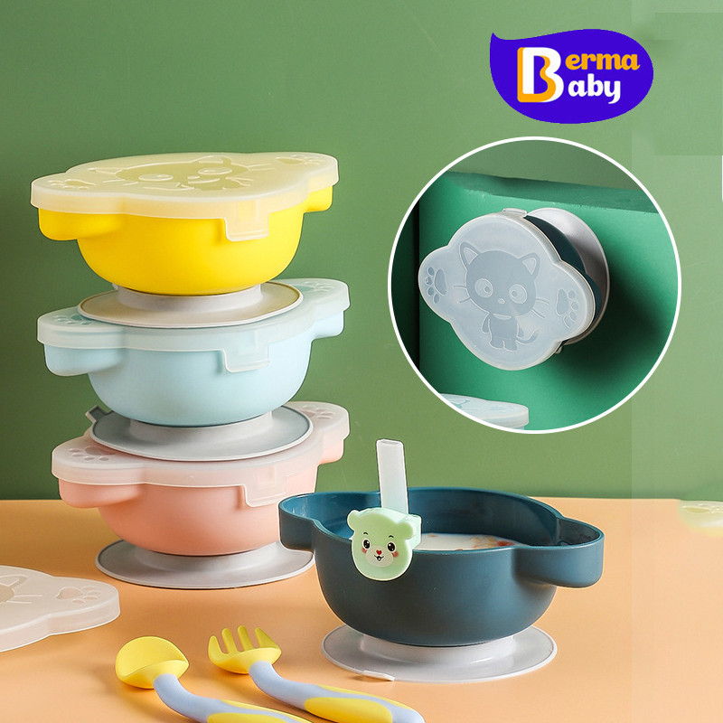 Berma Baby ชามใส่อาหารสำหรับเด็ก ชามซิลิโคนดูดโต๊ะ องศาและหลอดดูด มีฝาปิด พร้อมช้อนซิลิโคนเด็ก ปรับงอได้ 360