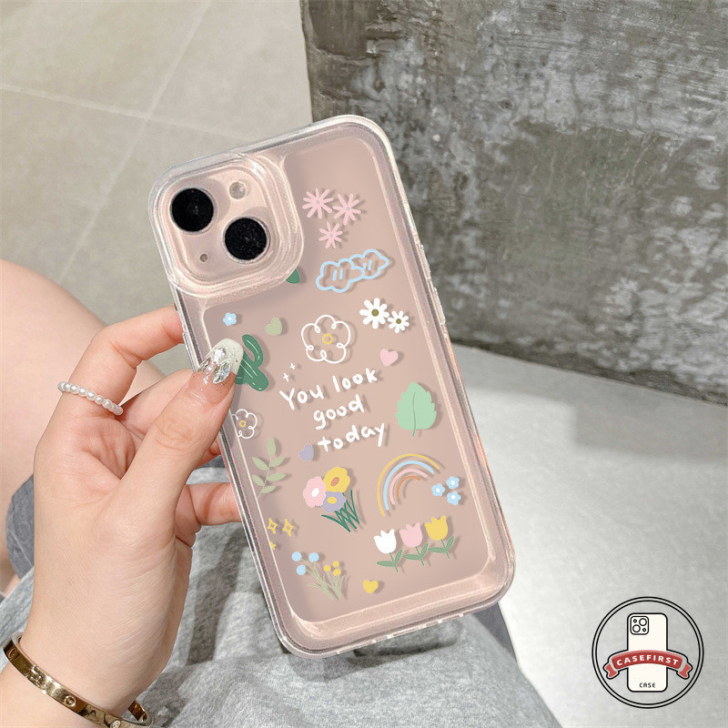 ดอกไม้สายรุ้งน่ารักกระบองเพชรเคสใสใช้งานร่วมกันได้ IPhone 7Plus XR 11 14 13 15 12 Pro Max X XS Max 15 7 8 14 Plus SE