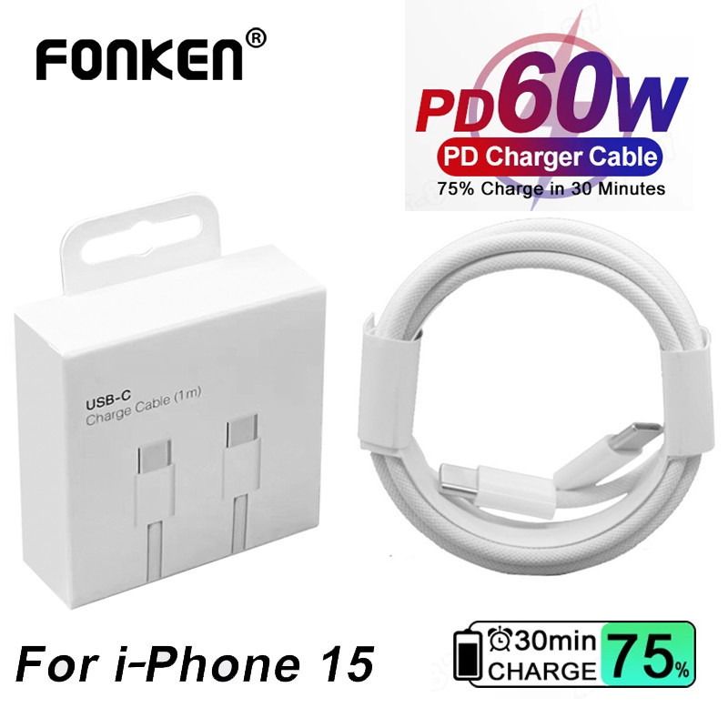 Fonken สาย USB-C สําหรับ iP 15 Pro Max PD 60W Fast Charging สําหรับ Samsung Type C ทอผ้าอุปกรณ์เสริม