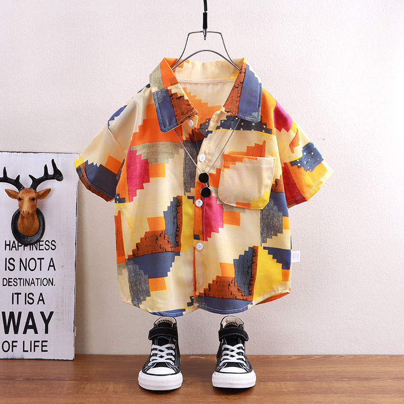 พร้อมสต็อก 90-150 ซม.ฤดูร้อนชายแฟชั่นปกเสื้อแขนสั้นกลางเด็กเล็กคาร์ดิแกนหลวมสบายๆด้านบน