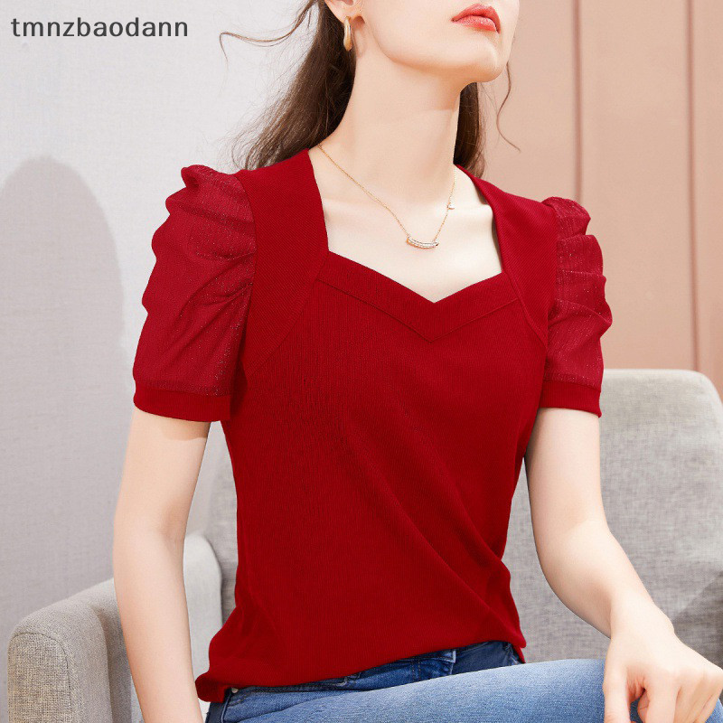 [TMNZVV ] แฟชั ่ นฝรั ่ งเศสพัฟแขนสั ้ นเสื ้ อยืดฤดูร ้ อนผู ้ หญิงสีทึบ Slim เสื ้ อยืด OLLM
