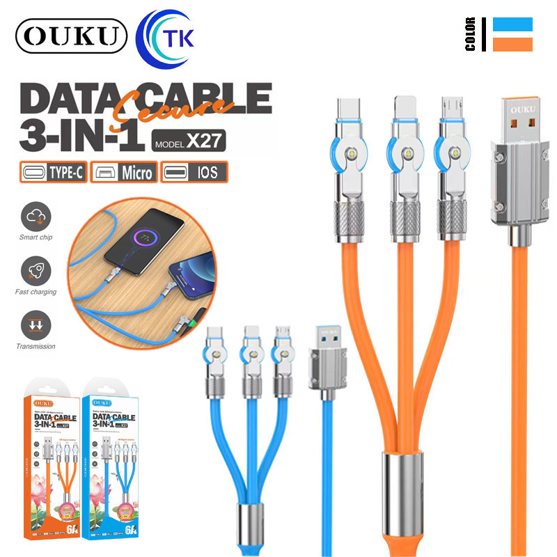 OUKU X27 3in1 data สายชาร์จ 3 หัว สำหรับ iOS+Micro+Type-C USBพร้อมหัวชาร์จ Fast Charging 6A Data Cable หมุนได้ 180°