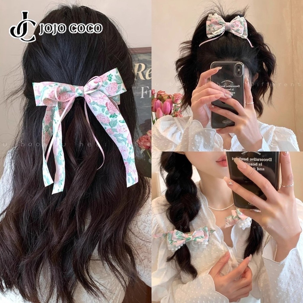 Jojo COCO ดอกไม ้ สดโบว ์ ขอบลูกไม ้ คลิปสปริงคลิปด ้ านข ้ างสาวหวานเครื ่ องประดับผม
