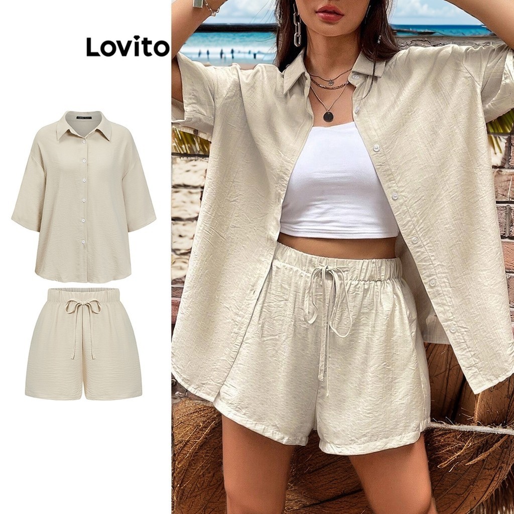 Lovito ชุดเซ็ทกางเกงขาสั้นผู้หญิง แต่งจีบ สีพื้น สไตล์ลำลอง L87ED282